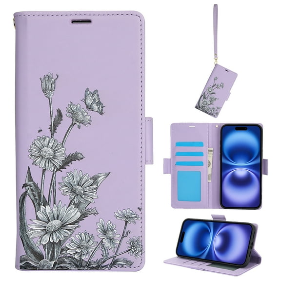 for iPhone 16 Pro Wallet Case, Luxury Flower Pattern RFID Blocking Wrist Strap Flip Folio Cover with Kickstand Feature for Women Girls, PU Leather Phone Case for iPhone 16 Pro, Purple