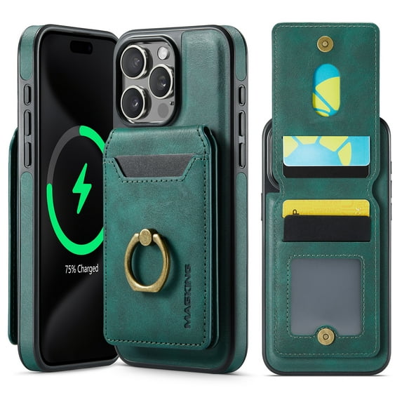 for iPhone 16 Pro Wallet Case with Magnetic Detachable Card Holder,360°Rotation Ring Holder Kickstand,PU Leather Shockproof Case,RFID Blocking Magnetic Clasp Protective Case,Green