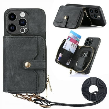 for iPhone 16 Pro Wallet Case, PU Leather Case with Back Card Holder Kickstand, Magnetic Button Flip Folio Shockproof Zipper Crossbody Strap Purse Phone Case for iPhone 16 Pro, Black