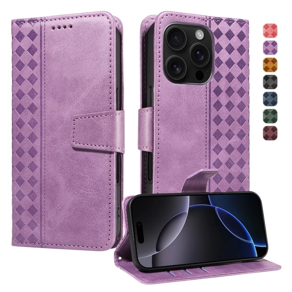for iPhone 16 Pro Wallet Case, PU Leather Flip Cover with Kickstand, Magnetic Closure Wrist Strap 3 Card Slots & 1 Cash Pocket Shockproof Full Body Protection for iPhone 16 Pro, Purple