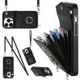 thumbnail image 1 of for iPhone 16 Pro Wallet Case with RFID Blocking Card Slots, Rotated Ring Holder Kickstand, PU Leather Crossbody Shoulder Strap Lanyard Anti-Drop Protective Case for iPhone 16 Pro, Black, 1 of 9