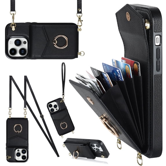 for iPhone 16 Pro Wallet Case with RFID Blocking Card Slots, Rotated Ring Holder Kickstand, PU Leather Crossbody Shoulder Strap Lanyard Anti-Drop Protective Case for iPhone 16 Pro, Black