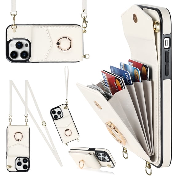 for iPhone 16 Pro Wallet Case with RFID Blocking Card Slots, Rotated Ring Holder Kickstand, PU Leather Crossbody Shoulder Strap Lanyard Anti-Drop Protective Case for iPhone 16 Pro, White