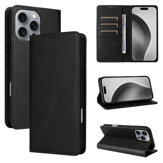 for iPhone 16 Pro Wallet Case with RFID Blocking Credit Card Holder, Magnetic Closure PU Leather Folio Flip Kickstand Shockproof Cover Women Men for iPhone 16 Pro,Black