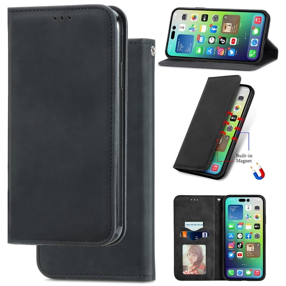 For iPhone 16 Pro Wallet Case with [RFID Blocking] Credit Card Slot Stand Magnetic Closure Premium PU Leather Retro Classic Flip Kickstand Shockproof TPU Shell for iPhone 16 Pro,Black