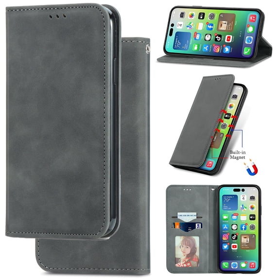 For iPhone 16 Pro Wallet Case with [RFID Blocking] Credit Card Slot Stand Magnetic Closure Premium PU Leather Retro Classic Flip Kickstand Shockproof TPU Shell for iPhone 16 Pro,Gray