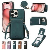 for iPhone 16 Pro Wallet Case with Shoulder Lanyard Strap, Crossbody Phone Case with Card Holder Slots for Women Girls, Luxury PU Leather Flip Stand Purse Cover Shockproof Case, Green
