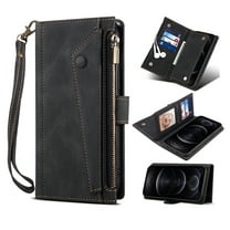 for iPhone 16 Pro Wallet Case, [Zipper Pocket] PU Leather Flip Folio Book Protective Shockproof Cover Magnetic Clasp Credit Card Holder Kickstand for Men Women Crossbody & Lanyard, Black