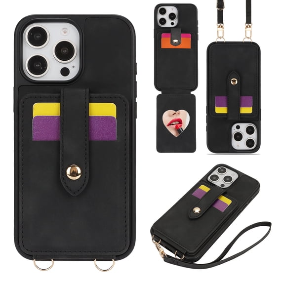 for iPhone 16 Pro Wallet Cover, with Mirror & Magnetic Clasp & Credit Card Holder Kickstand, Crossbody Strap & Wrist Strap PU Leather Cover for iPhone 16 Pro Women Girls, Black