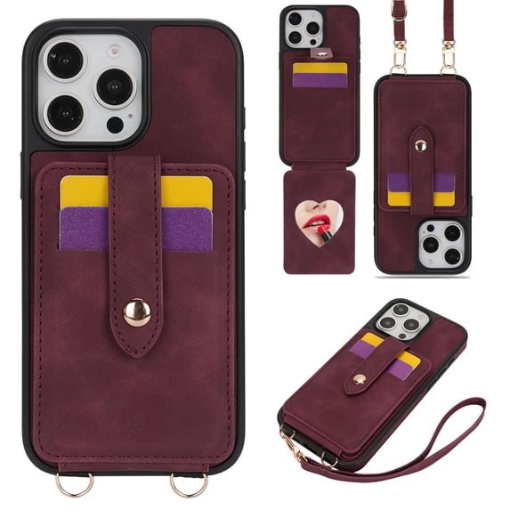 for iPhone 16 Pro Wallet Cover, with Mirror & Magnetic Clasp & Credit Card Holder Kickstand, Crossbody Strap & Wrist Strap PU Leather Cover for iPhone 16 Pro Women Girls, Winered