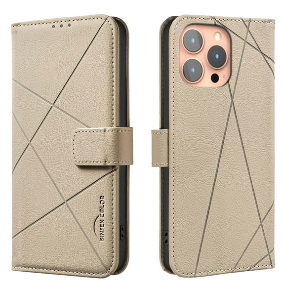 For iPhone 16 Pro Wallet Phone Case,RFID Blocking Card Slots Holder Premium PU Leather,Flip Folio Kickstand,Line Embossing Designing,Magnetic Closure,Shockproof Anti-fall Phoe Case,Beige
