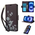thumbnail image 1 of For iPhone 16 Pro Wallet Phone Case,With Card Slots,Flip Folding Kickstand,Flower&butterfly Print Design,PU Leather Shockproof Proitection,With Wrist Strap,Anti-fall Folio Phone Case,Darkpurple, 1 of 6