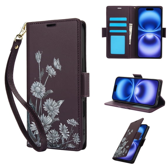 For iPhone 16 Pro Wallet Phone Case,With Card Slots,Flip Folding Kickstand,Flower&butterfly Print Design,PU Leather Shockproof Proitection,With Wrist Strap,Anti-fall Folio Phone Case,Darkpurple