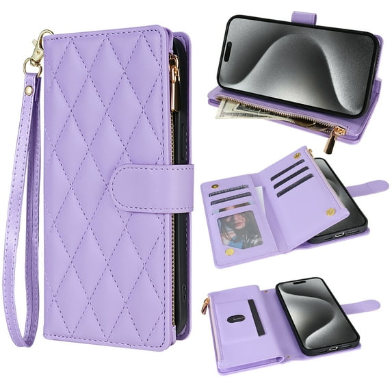 for iPhone 16 Pro Wallet Phone case with Card Holder,Kickstand RFID Blocking PU Leather Flip Shockproof Phone Cover with Hand Strap Zipper Credit Card Holder Slots for Women Men,Purple