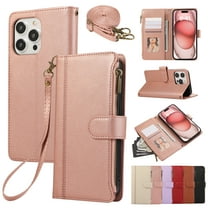 for iPhone 16 Pro Wallet case with Card Holder for Women Men,Phone case RFID Blocking PU Leather Flip Cover with Strap Zipper Credit Card Slots,Kickstand,With Wrist Strap,Rosegold