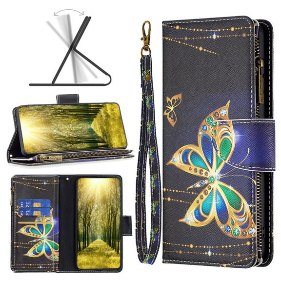 for iPhone 16 Pro Zipper Wallet Case with Credit Card Slots, Floral Flower Pattern PU Leather Flip Cover for Women Girls, Wrist Hand Strap Kickstand Magnetic Clasp Case, Gold Butterfly