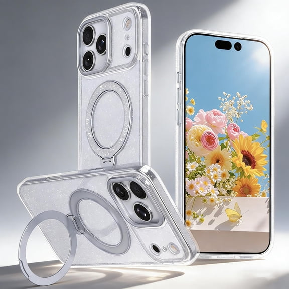 for iPhone 16 Ring Stand Case, Compatible with Mag-Safe, Secure Ring Holder, [Glitter Back Design] Camera Lens Protection Phone Cover for iPhone 16 Women Girls, Clear