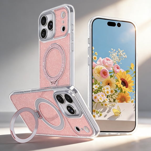 for iPhone 16 Ring Stand Case, Compatible with Mag-Safe, Secure Ring Holder, [Glitter Back Design] Camera Lens Protection Phone Cover for iPhone 16 Women Girls, Pink