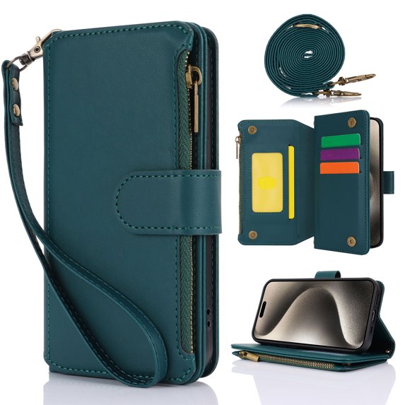 for iPhone 16 Rugged Case, RFID Blocking Wallet Case for Women Men with Card Holder Zipper Magnetic Flip PU Leather Wrist Strap & Shoulder Strap Protective Cover for iPhone 16, Green