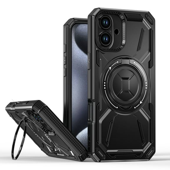 for iPhone 16 Rugged Case with Rotate Ring Stand, [Built-in Kickstand] [Military-Grade Drop Protection] Heavy Duty Rugged Phone Cover Support Wireless Charging for iPhone 16, Black