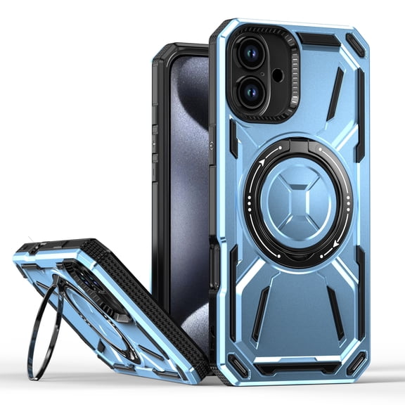 for iPhone 16 Rugged Case with Rotate Ring Stand, [Built-in Kickstand] [Military-Grade Drop Protection] Heavy Duty Rugged Phone Cover Support Wireless Charging for iPhone 16, Blue