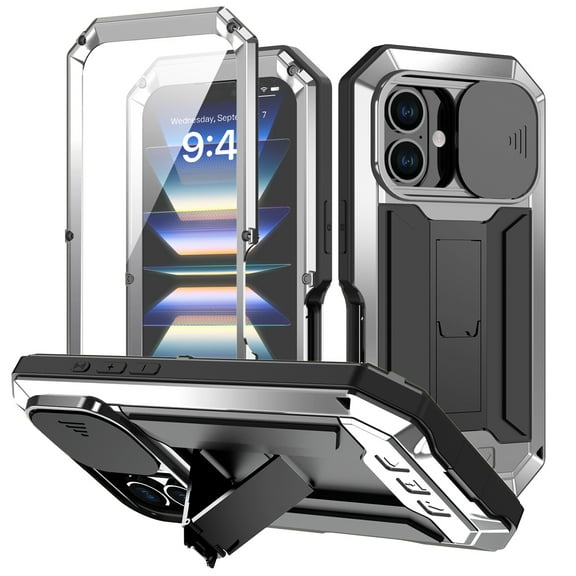 for iPhone 16 Rugged Metal Case, with Screen Protector Kickstand Camera Sliding Cover for iPhone 16 Full Cover Military Sturdy Armor Shockproof Dorp Test Cover for Outdoor, Silver
