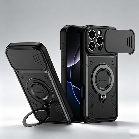 For iPhone 16 Rugged Phone Case,360°Rotatable Ring Kickstand,Heavy Duty Shockproof Drop Protection,With Sliding Camera Cover,Non-Slip Anti-Scratch Durable Phone Case Cover,Black