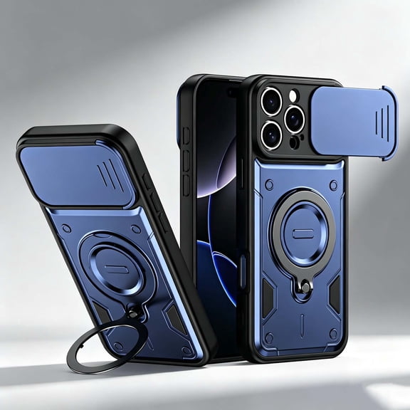 For iPhone 16 Rugged Phone Case,360°Rotatable Ring Kickstand,Heavy Duty Shockproof Drop Protection,With Sliding Camera Cover,Non-Slip Anti-Scratch Durable Phone Case Cover,Dark Blue