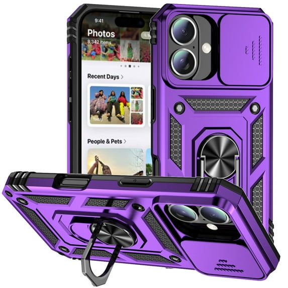 for iPhone 16 Rugged Phone Case with Sliding Camera Cover, Kickstand TPU Bumper Drop Proof Durable Military Grade Protective Case Cover for iPhone 16, Purple