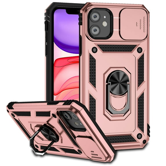 for iPhone 16 Rugged Phone Case with Sliding Camera Cover, Kickstand TPU Bumper Drop Proof Durable Military Grade Protective Case Cover for iPhone 16, Rosegold
