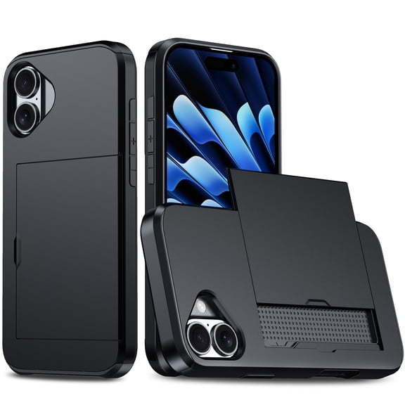 for iPhone 16 Slide Flip Case with Card Holder, Dual Layer Heavy Duty Protective Case Hidden Card Slot Slim Shockproof Wallet Case Compatible with iPhone 16, Black