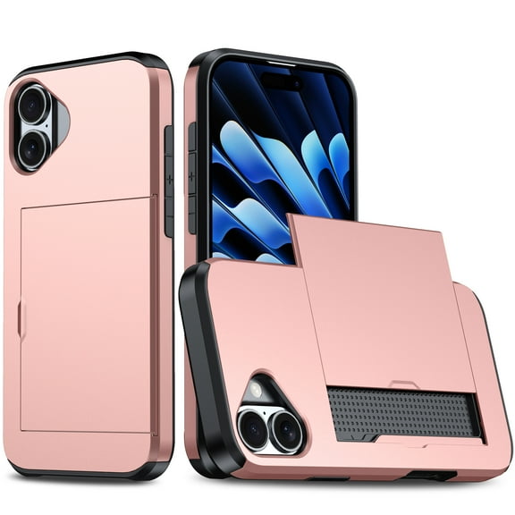 for iPhone 16 Slide Flip Case with Card Holder, Dual Layer Heavy Duty Protective Case Hidden Card Slot Slim Shockproof Wallet Case Compatible with iPhone 16, Rosegold
