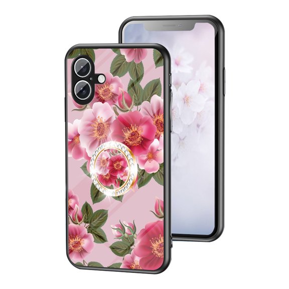 for iPhone 16 Slim Case Exquisite Floral Pattern 360 Rotating Diamond Ring Holder Anti-Scratch Soft TPU Silicone Bumper Rubber Tempered Glass Back Cover, Glamorous peony