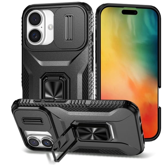 For iPhone 16 Slim Fit Shockproof Hybrid with Slide Camera Cover & Rotated Ring Kickstand, [Military-Grade] Phone Case For iPhone 16 6.1",Black,For iPhone 16