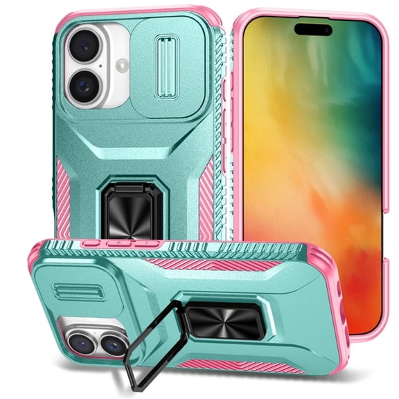 For iPhone 16 Slim Fit Shockproof Hybrid with Slide Camera Cover & Rotated Ring Kickstand, [Military-Grade] Phone Case For iPhone 16 6.1",Grey Green,For iPhone 16