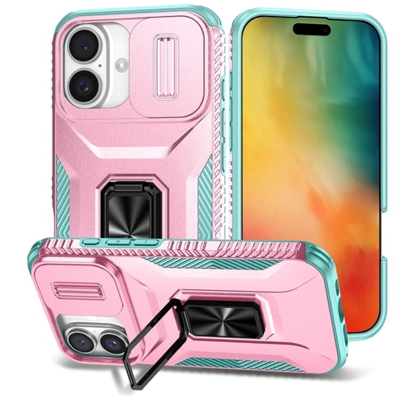 For iPhone 16 Slim Fit Shockproof Hybrid with Slide Camera Cover & Rotated Ring Kickstand, [Military-Grade] Phone Case For iPhone 16 6.1",Pink Green,For iPhone 16