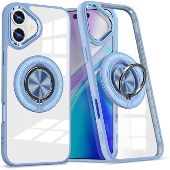 For iPhone 16 Transparent Case (Compatible With MagSafe)  With 360° Rotation Invisible Magnetic O-Ring Stand Military-Grade Shockproof Phone Case,Blue,For iPhone 16