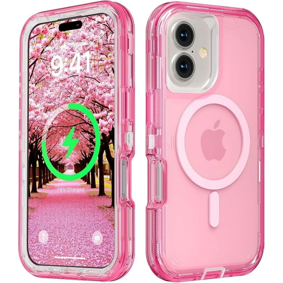 For iPhone 16 Transparent Phone Case Compatible with MagSafe, Triple Layer Magnetic Charging Case, iPhone 16 Heavy Duty Shockproof and Drop-Proof Phone Case, 6.1 inch,Crystal Pink