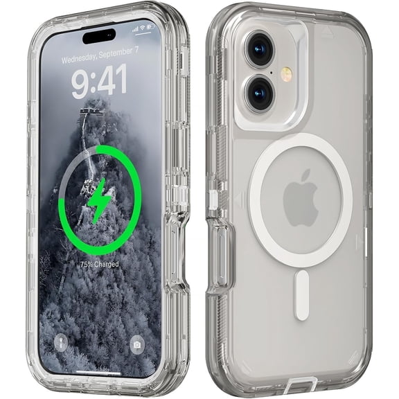 For iPhone 16 Transparent Phone Case Compatible with MagSafe, Triple Layer Magnetic Charging Case, iPhone 16 Heavy Duty Shockproof and Drop-Proof Phone Case, 6.1 inch