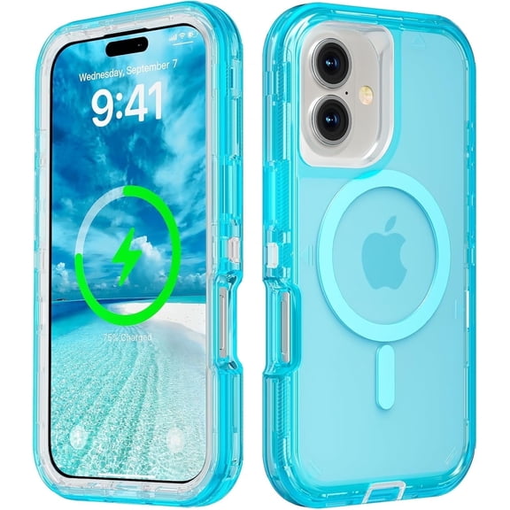 For iPhone 16 Transparent Phone Case Compatible with MagSafe, Triple Layer Magnetic Charging Case, iPhone 16 Heavy Duty Shockproof and Drop-Proof Phone Case, Crystal Blue