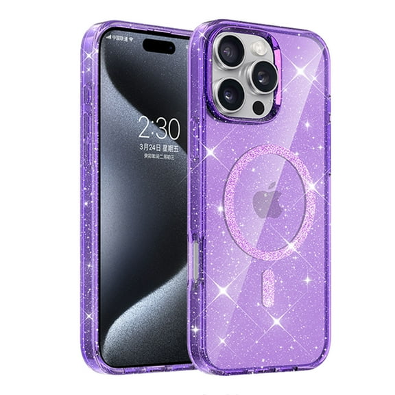 for iPhone 16 Ultra Slim Case, Magnetic Clear Glitter [Compatible with MagSafe] Bling Sparkly Soft Protective Lightweight Anti-Scratch Phone Cover for iPhone 16 - Purple