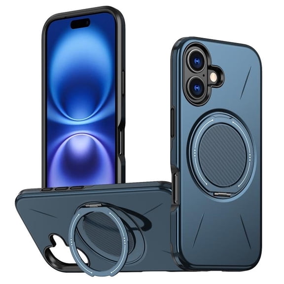 For iPhone 16 Ultra Slim Hybrid TPU+PC Protective Cover with Metal Rotation Holder , Compatible MagSafe, Military Grade Shockproof Phone Case Cover,Blue,For iPhone 16