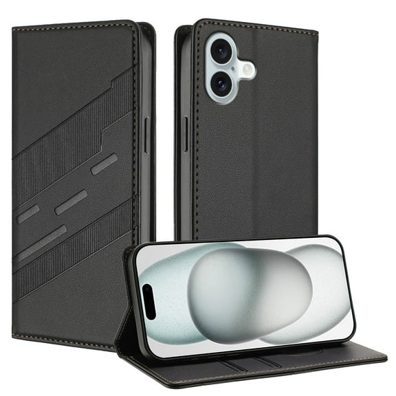 for iPhone 16 Wallet Case with 2 Card Slots & Cash Pocket, Premium PU Leather Classic Kickstand Full Body Protective Ultra Slim Shockproof Folio Flip Case for Women and Men, Black