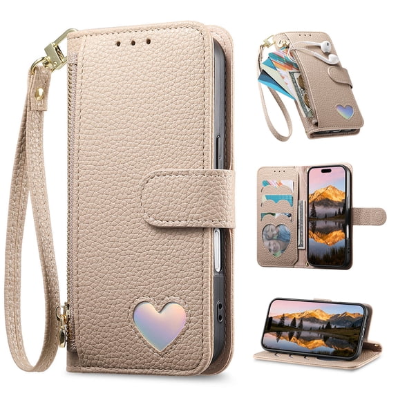 for iPhone 16 Wallet Case, Built-in Card Holder Zipper Pocket Wrist Strap Kickstand, Lychee Texture PU Leather Heart Pattern Protective Phone Case Women Girls, Full Body Protection, Khaki