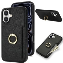 For iPhone 16 Wallet Case with Card Holder, 360°Rotation Ring Holder Kickstand, Premium PU Leather RFID Blocking Card Pocket Protective Cover For iPhone 16, Black