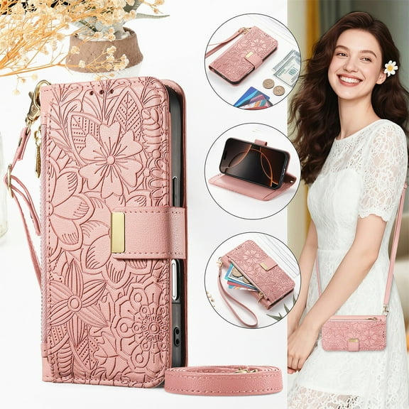 For iPhone 16 Wallet Case with Card Holder/Cash Slot,RFID Blocking Magnetic Closure Flower Pattern PU Leather Flip Kickstand Shoulder Strap & Wrist Lanyard Zipper Pocket Cover,Rosegold