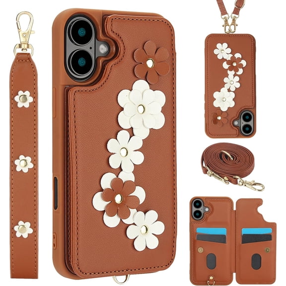 iPhone 16 Wallet Case with Card Holder – Cute Floral Design, Crossbody Phone Purse with Magnetic Kickstand, Shockproof PU Leather Cover with Wrist Strap – Perfect for Travel, Shopping, Daily Use (6.1