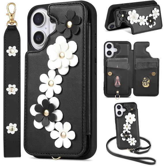 iPhone 16 Wallet Case with Card Holder – Cute Floral Design, Crossbody Phone Purse with Magnetic Kickstand, Shockproof PU Leather Cover with Wrist Strap – Perfect for Travel, Shopping, Daily Use (6.1