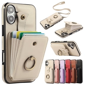 for iPhone 16 Wallet Case with Card Holder, PU Leather Case with Ring Holder Kickstand, Snap Button Card Slots Case for Women Men for iPhone 16 with Crossbody Strap - Beige