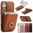 thumbnail image 1 of for iPhone 16 Wallet Case with Card Holder, PU Leather Case with Ring Holder Kickstand, Snap Button Card Slots Case for Women Men for iPhone 16 with Crossbody Strap - Brown, 1 of 10